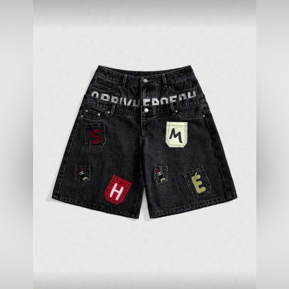 SHEIN Black Jean Shorts with Colorful Patches